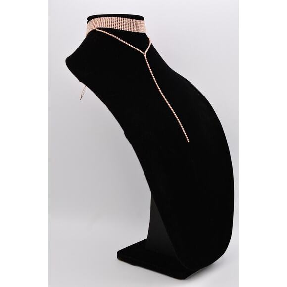 Vintage Crystal Choker Necklace Y Drop Chain Rhinestone Shiny Gold Tone 90s BinI - Picture 4 of 12